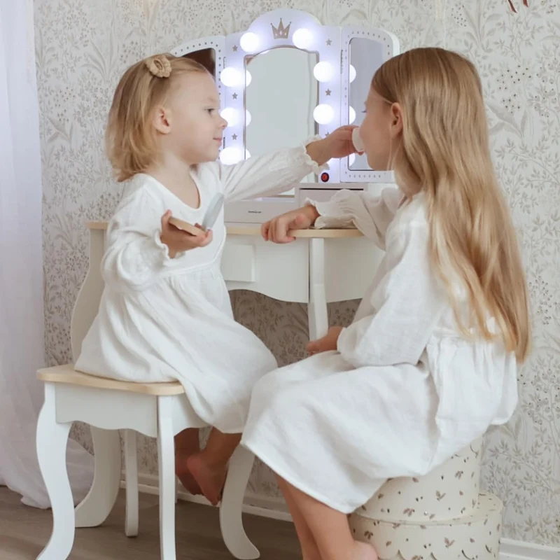 Mamabrum XXL Kinder Schminktisch aus Holz mit LED-Spiegel, Hocker & Beauty Zubehörh