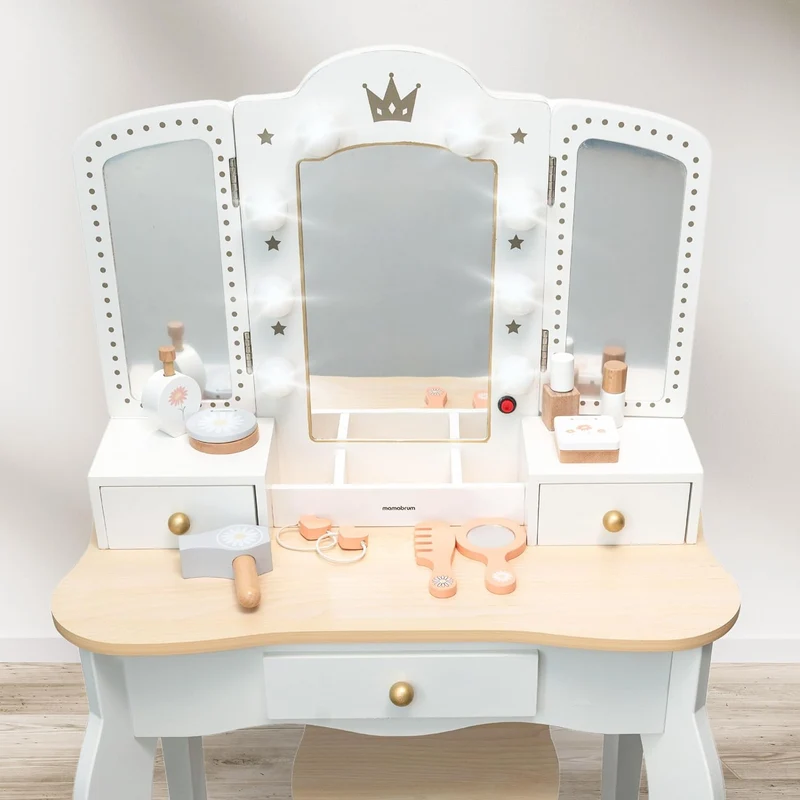 Mamabrum XXL Kinder Schminktisch aus Holz mit LED-Spiegel, Hocker & Beauty Zubehörh