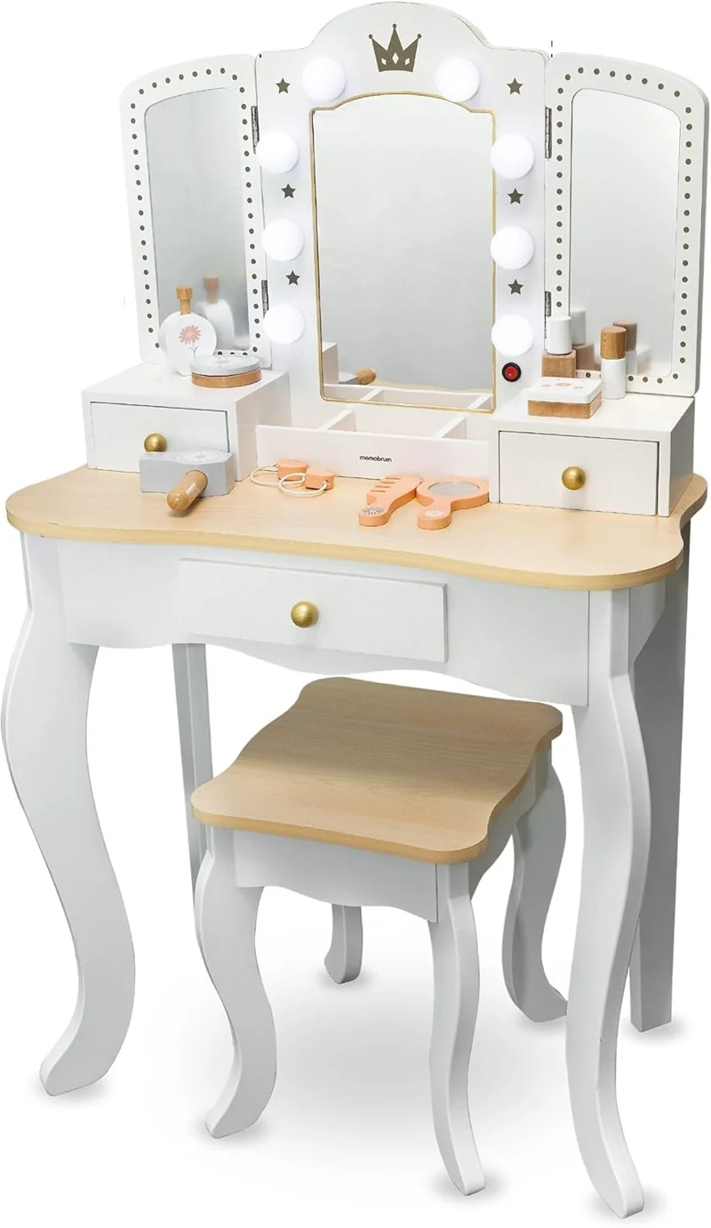 Mamabrum XXL Kinder Schminktisch aus Holz mit LED-Spiegel, Hocker & Beauty Zubehörh