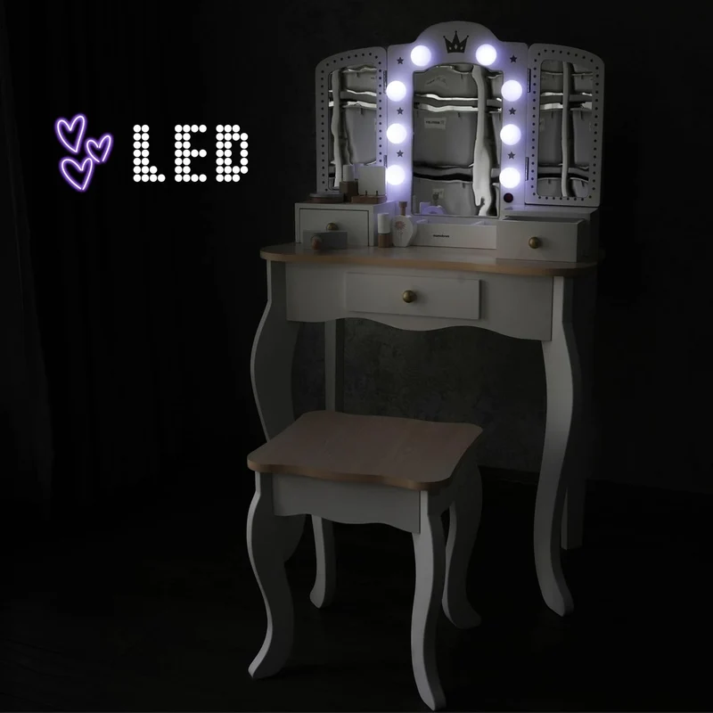 Mamabrum XXL Kinder Schminktisch aus Holz mit LED-Spiegel, Hocker & Beauty Zubehörh