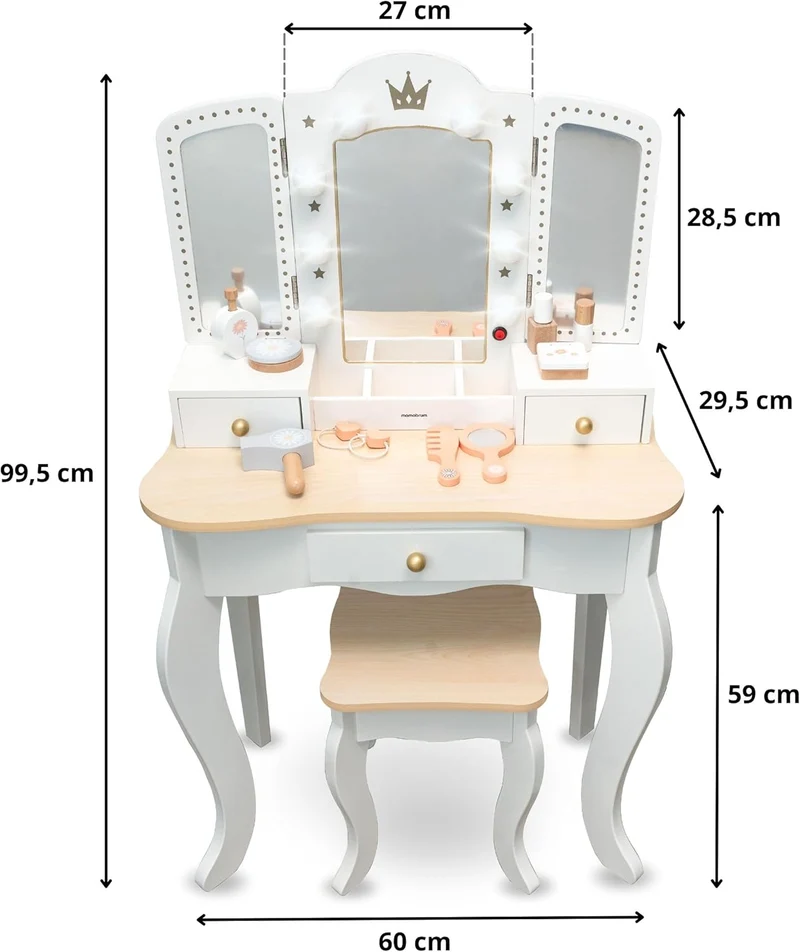 Mamabrum XXL Kinder Schminktisch aus Holz mit LED-Spiegel, Hocker & Beauty Zubehörh