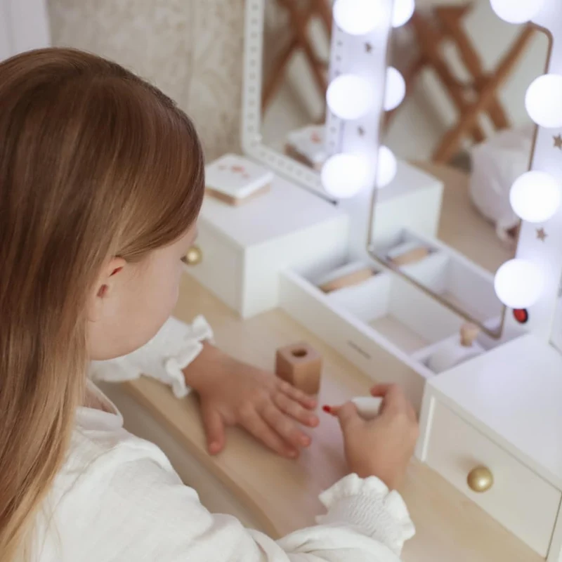 Mamabrum XXL Kinder Schminktisch aus Holz mit LED-Spiegel, Hocker & Beauty Zubehörh
