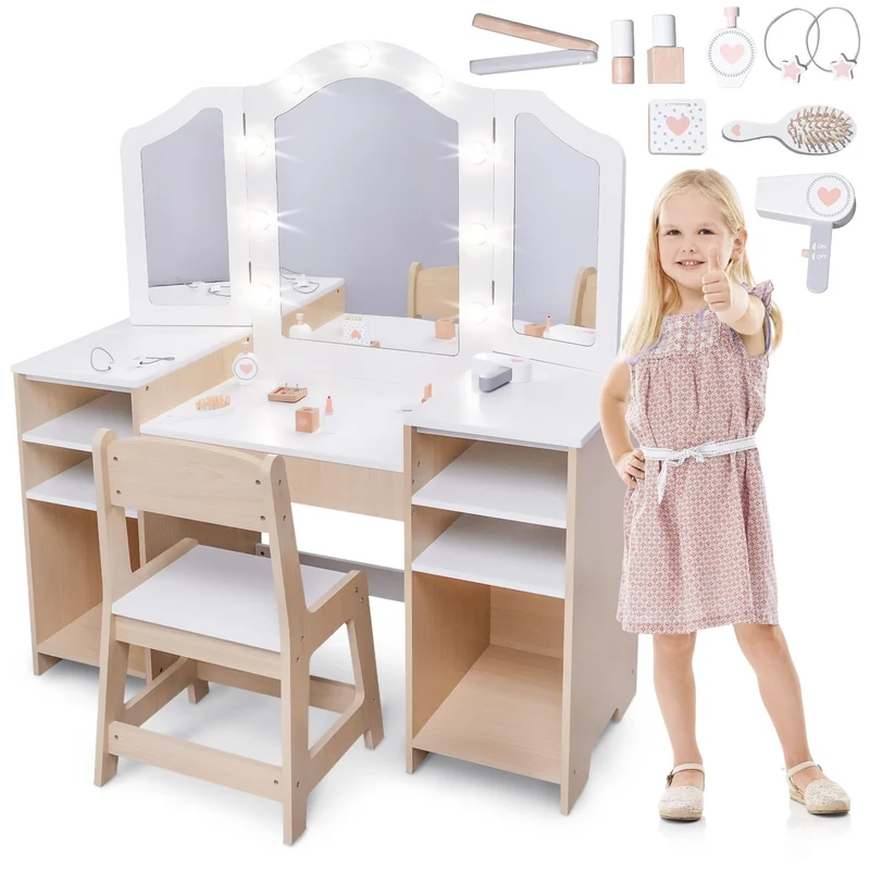 Mamabrum XXL Kinder Schminktisch aus Holz mit LED-Spiegel, Hocker & Beauty Zubehörh