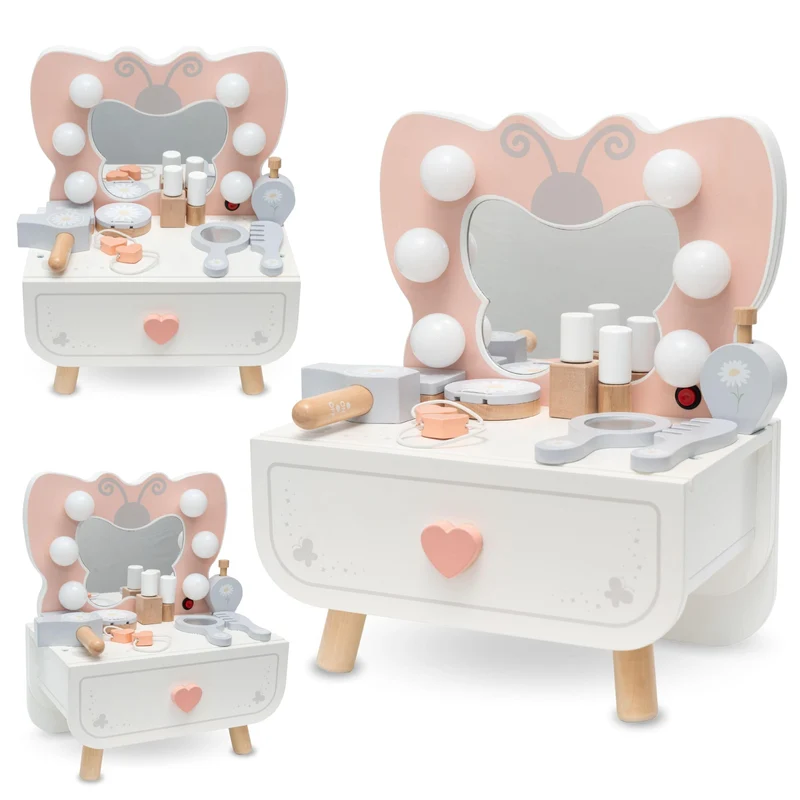 Mamabrum XXL Kinder Schminktisch aus Holz mit LED-Spiegel, Hocker & Beauty Zubehörh