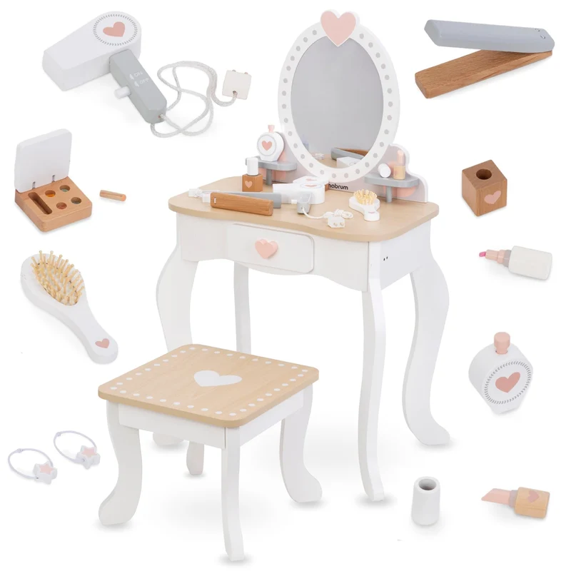 Mamabrum XXL Kinder Schminktisch aus Holz mit LED-Spiegel, Hocker & Beauty Zubehörh