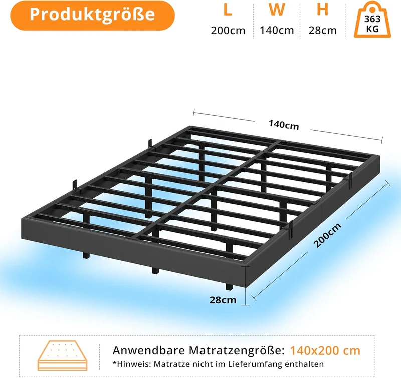 IRONCK Bettgestell mit LED & Ladestation - Floating Bed, Metallrahmen, gepolsterth