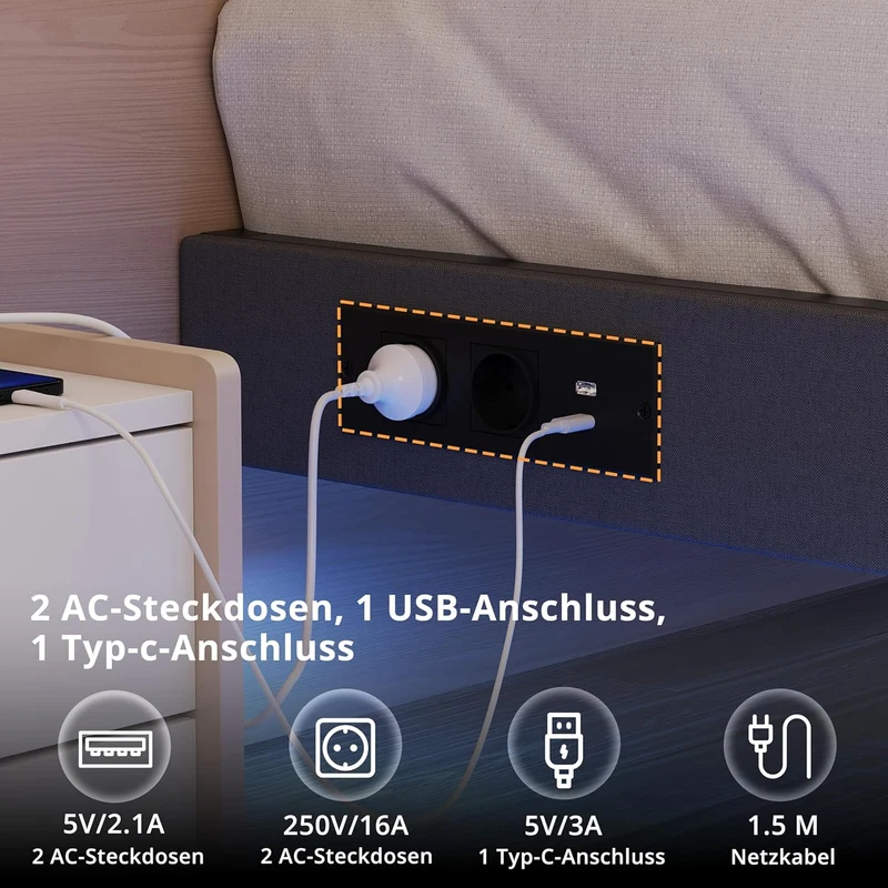 IRONCK Bettgestell mit LED & Ladestation - Floating Bed, Metallrahmen, gepolsterth