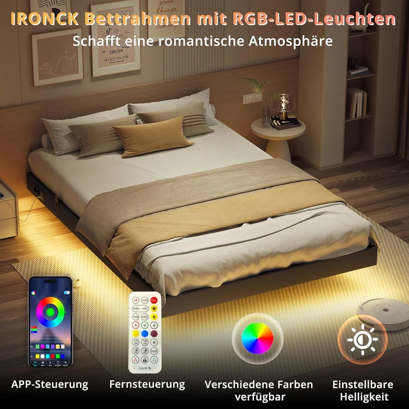 IRONCK Bettgestell mit LED & Ladestation - Floating Bed, Metallrahmen, gepolsterth