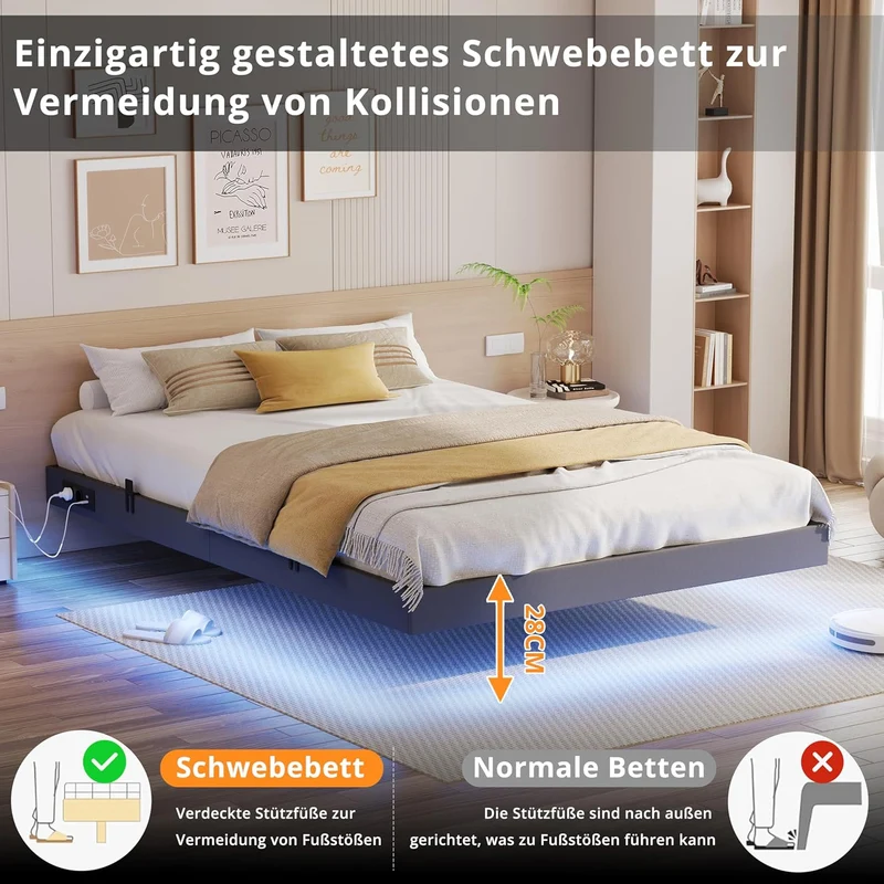 IRONCK Bettgestell mit LED & Ladestation - Floating Bed, Metallrahmen, gepolsterth