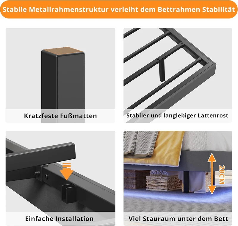 IRONCK Bettgestell mit LED & Ladestation - Floating Bed, Metallrahmen, gepolsterth
