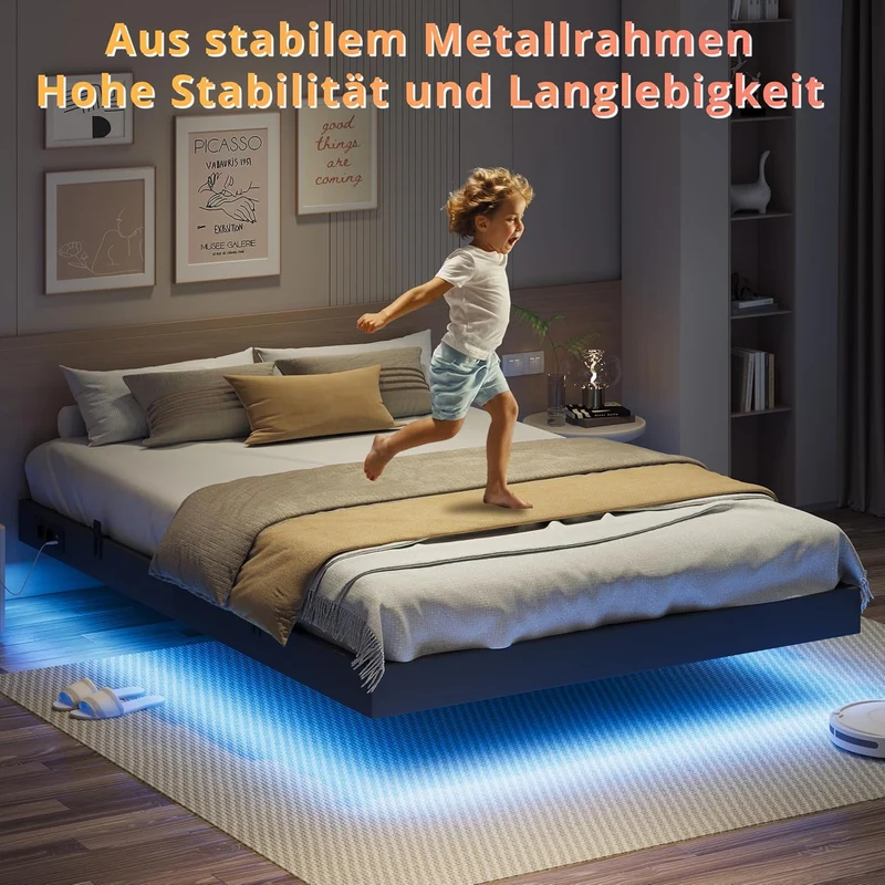 IRONCK Bettgestell mit LED & Ladestation - Floating Bed, Metallrahmen, gepolsterth