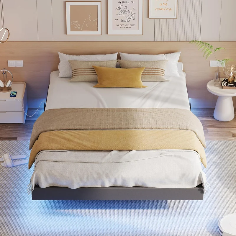 IRONCK Bettgestell mit LED & Ladestation - Floating Bed, Metallrahmen, gepolsterth