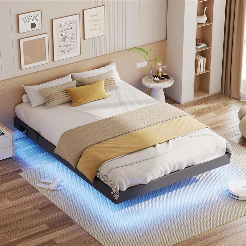 IRONCK Bettgestell mit LED & Ladestation - Floating Bed, Metallrahmen, gepolsterth