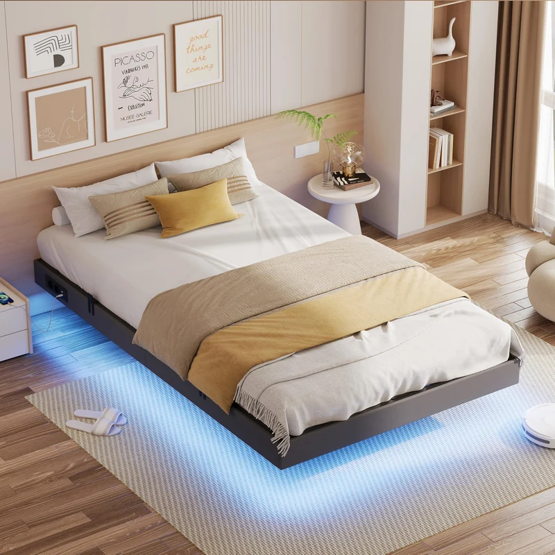 IRONCK Bettgestell mit LED & Ladestation - Floating Bed, Metallrahmen, gepolsterth