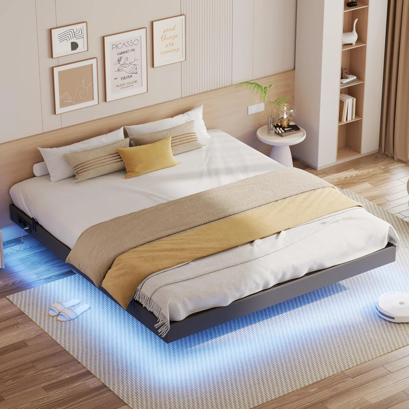 IRONCK Bettgestell mit LED & Ladestation - Floating Bed, Metallrahmen, gepolsterth