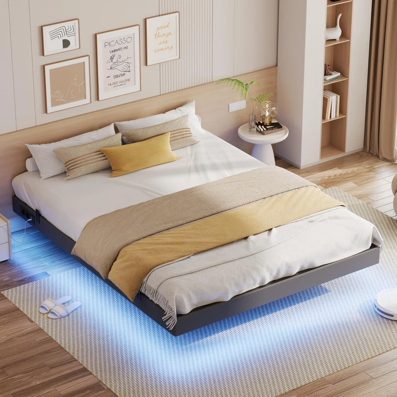 IRONCK Bettgestell mit LED & Ladestation - Floating Bed, Metallrahmen, gepolsterth