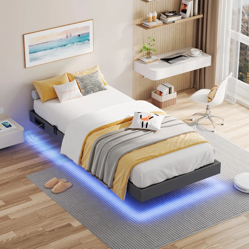 IRONCK Bettgestell mit LED & Ladestation - Floating Bed, Metallrahmen, gepolsterth