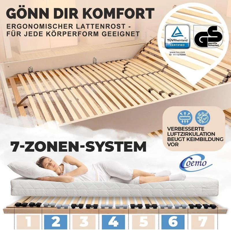 Coemo 7-Zonen Lattenrost - verstellbarer Kopfteil, Holzrahmen, Buche, ergonomischh
