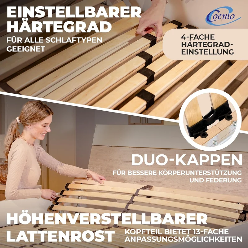 Coemo 7-Zonen Lattenrost - verstellbarer Kopfteil, Holzrahmen, Buche, ergonomischh