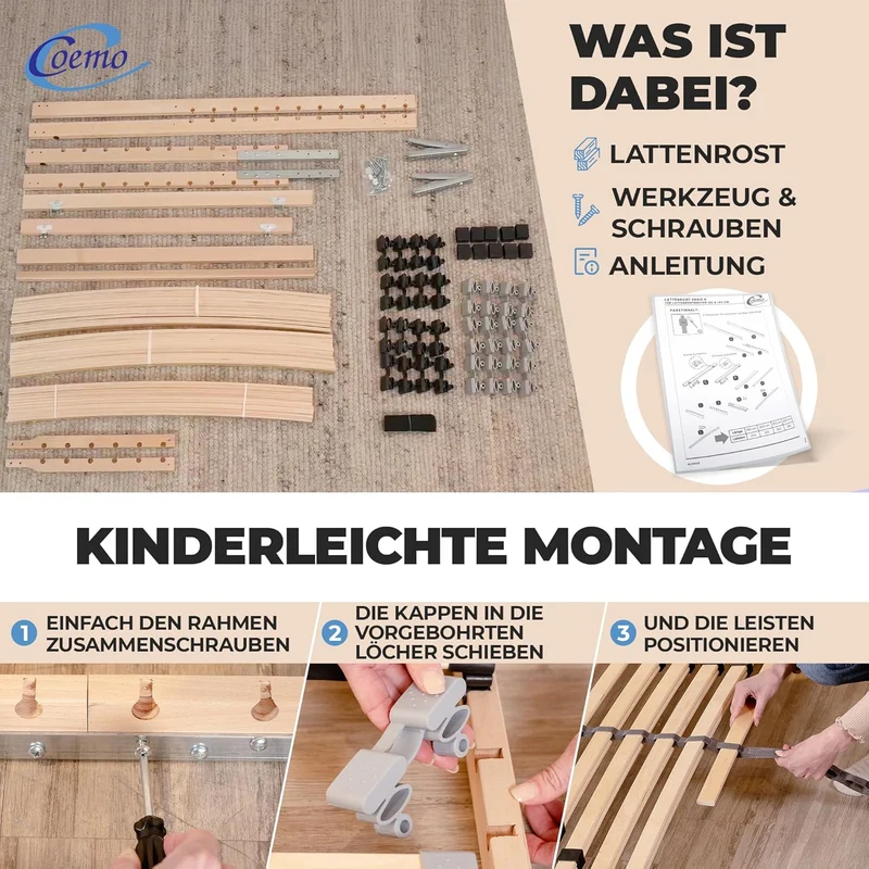 Coemo 7-Zonen Lattenrost - verstellbarer Kopfteil, Holzrahmen, Buche, ergonomischh