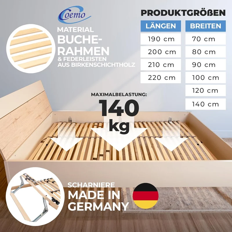 Coemo 7-Zonen Lattenrost - verstellbarer Kopfteil, Holzrahmen, Buche, ergonomischh