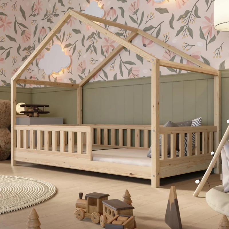 Crazy Pine Hausbett Kinderbett Montessori mit Rausfallschutz, Massivholz, höhenverstellbar, Lattenrost inklusiveh