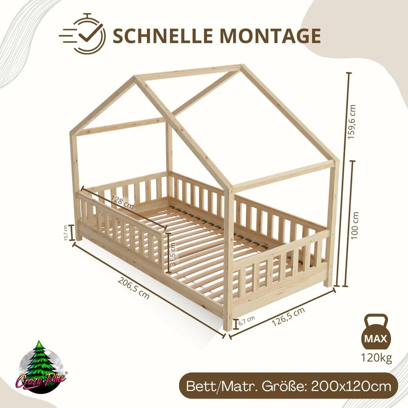 Crazy Pine Hausbett Kinderbett Montessori mit Rausfallschutz, Massivholz, höhenverstellbar, Lattenrost inklusiveh