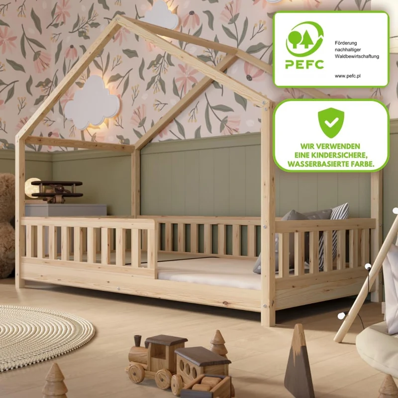 Crazy Pine Hausbett Kinderbett Montessori mit Rausfallschutz, Massivholz, höhenverstellbar, Lattenrost inklusiveh