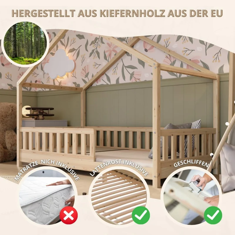 Crazy Pine Hausbett Kinderbett Montessori mit Rausfallschutz, Massivholz, höhenverstellbar, Lattenrost inklusiveh