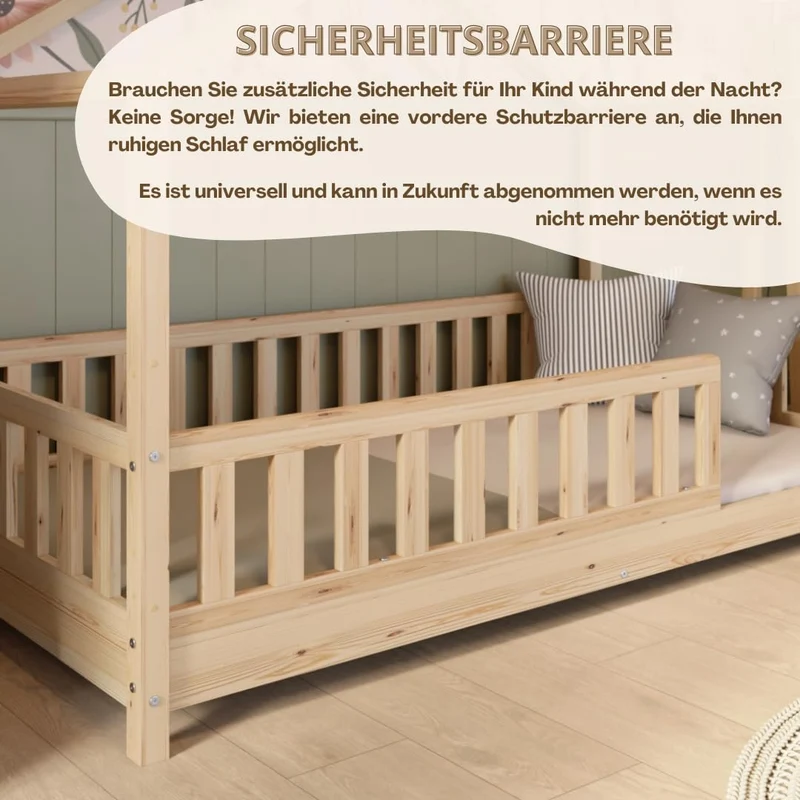 Crazy Pine Hausbett Kinderbett Montessori mit Rausfallschutz, Massivholz, höhenverstellbar, Lattenrost inklusiveh