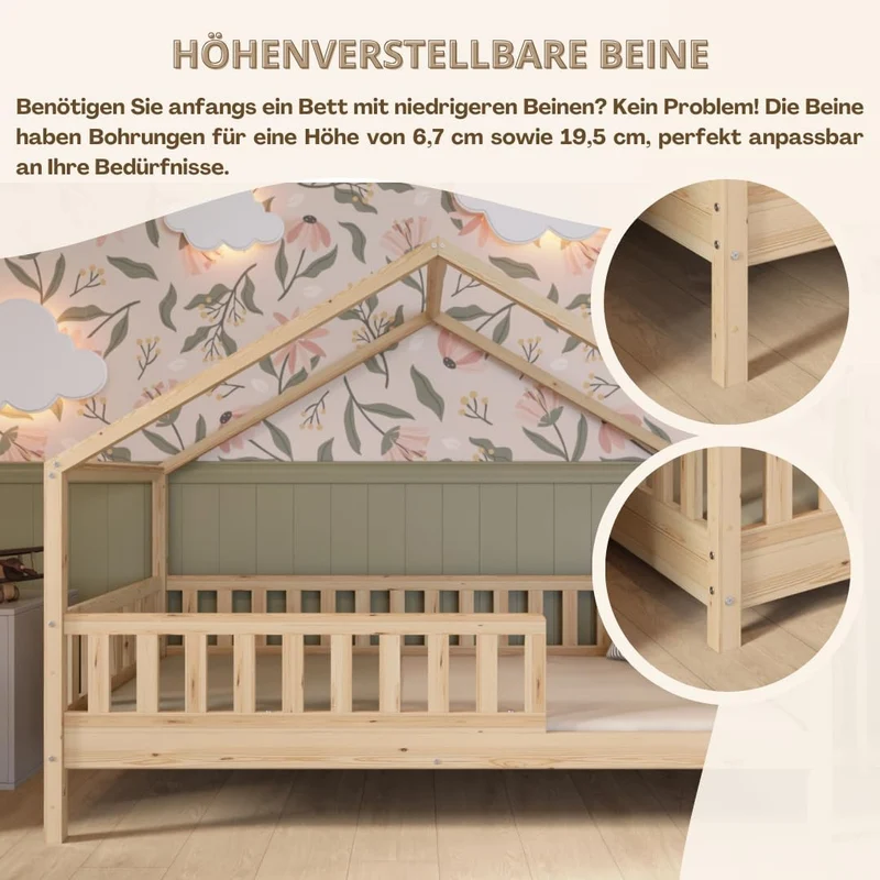 Crazy Pine Hausbett Kinderbett Montessori mit Rausfallschutz, Massivholz, höhenverstellbar, Lattenrost inklusiveh