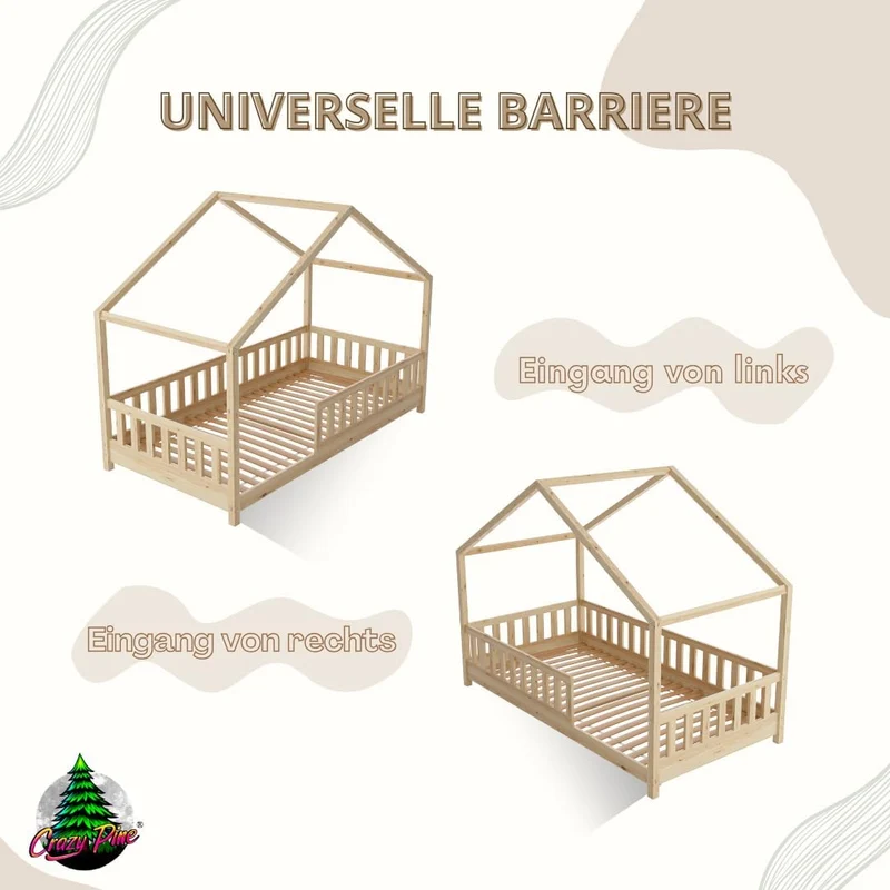 Crazy Pine Hausbett Kinderbett Montessori mit Rausfallschutz, Massivholz, höhenverstellbar, Lattenrost inklusiveh