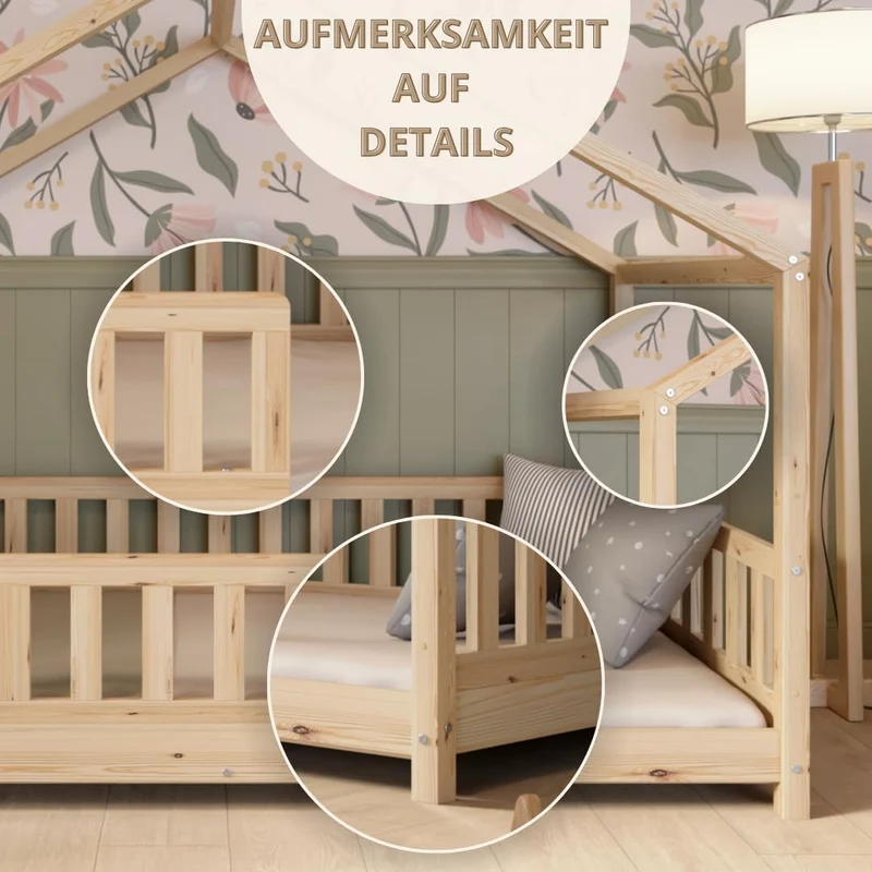 Crazy Pine Hausbett Kinderbett Montessori mit Rausfallschutz, Massivholz, höhenverstellbar, Lattenrost inklusiveh