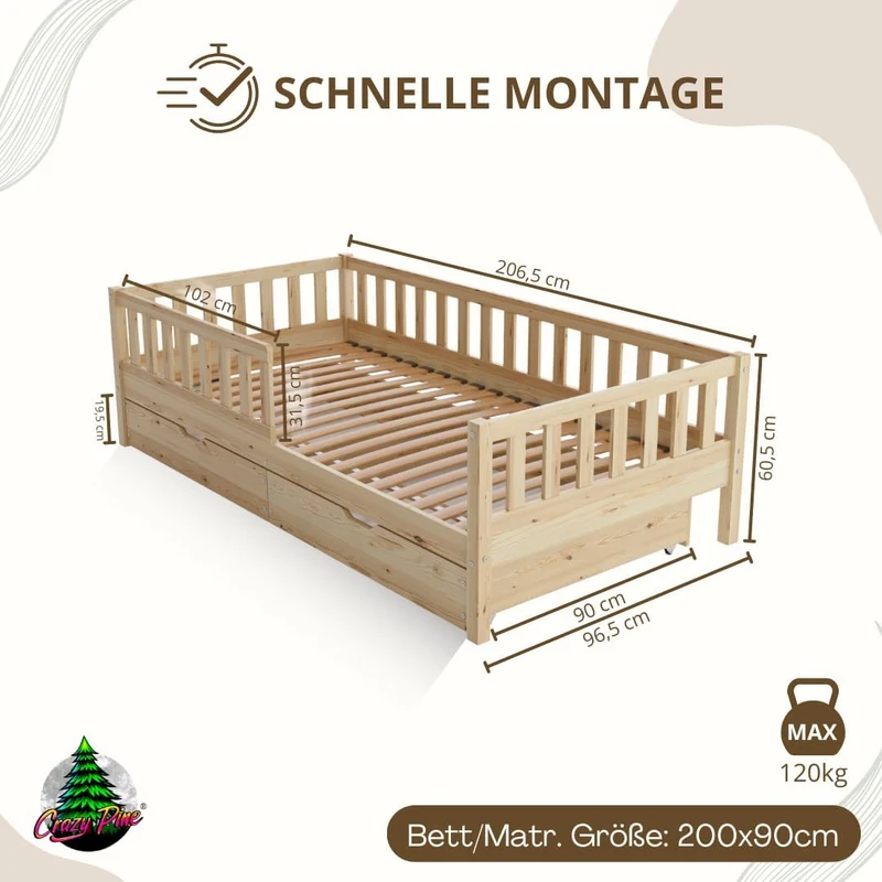 Crazy Pine Kinderbett Montessori mit Schubladen, Massivholz, Rausfallschutz, Lattenrost inklusive, Skandinavisches Designh