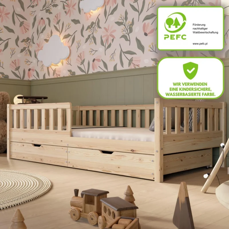 Crazy Pine Kinderbett Montessori mit Schubladen, Massivholz, Rausfallschutz, Lattenrost inklusive, Skandinavisches Designh