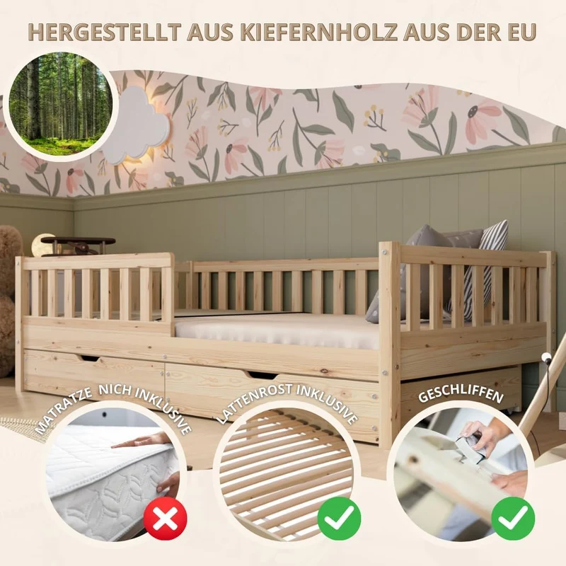 Crazy Pine Kinderbett Montessori mit Schubladen, Massivholz, Rausfallschutz, Lattenrost inklusive, Skandinavisches Designh
