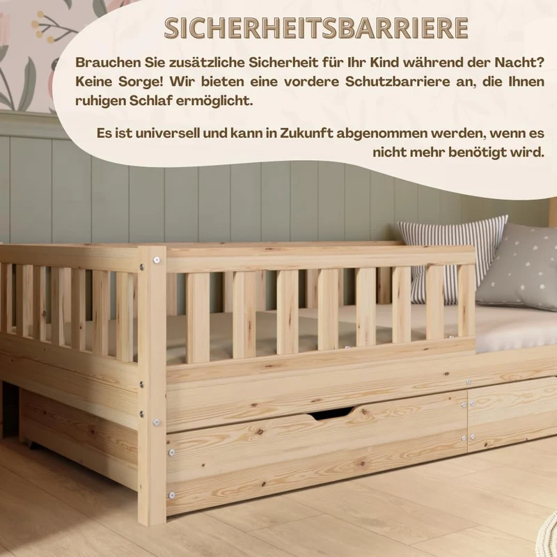 Crazy Pine Kinderbett Montessori mit Schubladen, Massivholz, Rausfallschutz, Lattenrost inklusive, Skandinavisches Designh