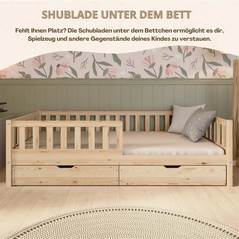 Crazy Pine Kinderbett Montessori mit Schubladen, Massivholz, Rausfallschutz, Lattenrost inklusive, Skandinavisches Designh