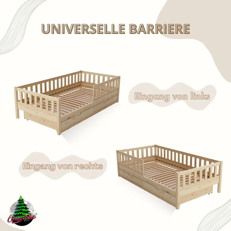 Crazy Pine Kinderbett Montessori mit Schubladen, Massivholz, Rausfallschutz, Lattenrost inklusive, Skandinavisches Designh