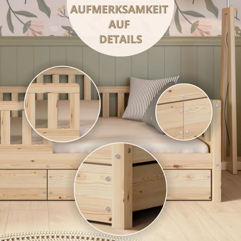Crazy Pine Kinderbett Montessori mit Schubladen, Massivholz, Rausfallschutz, Lattenrost inklusive, Skandinavisches Designh