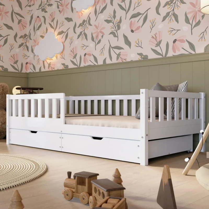 Crazy Pine Kinderbett Montessori mit Schubladen, Massivholz, Rausfallschutz, Lattenrost inklusive, Skandinavisches Designh