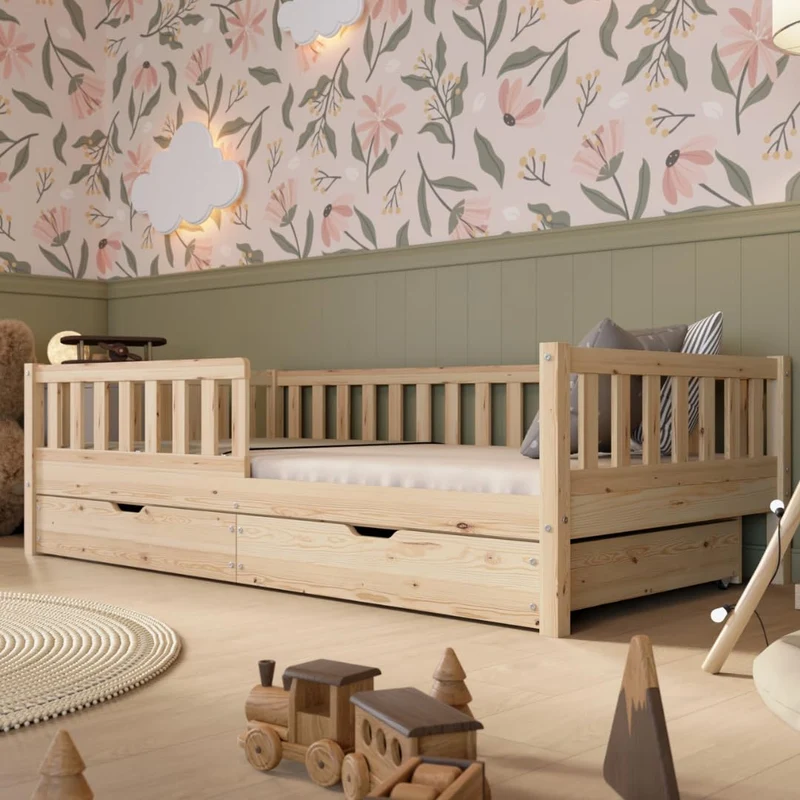 Crazy Pine Kinderbett Montessori mit Schubladen, Massivholz, Rausfallschutz, Lattenrost inklusive, Skandinavisches Designh