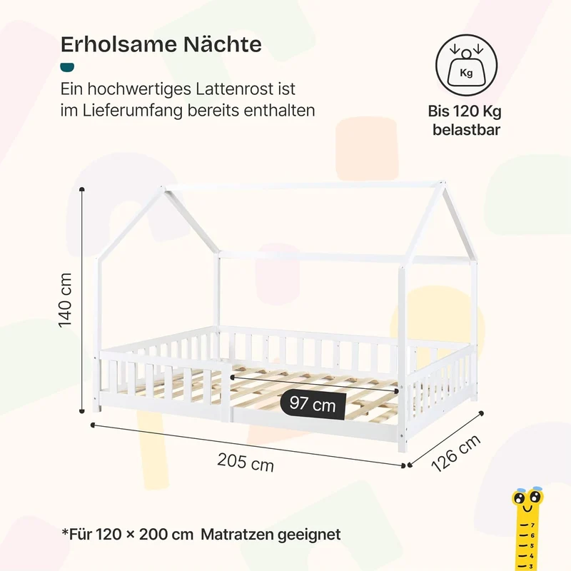 [en.casa] Montessori Kinderbett Hausbett aus Holz mit Rausfallschutz & Lattenrost – Bodenbett für Kinderh