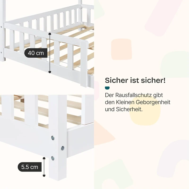 [en.casa] Montessori Kinderbett Hausbett aus Holz mit Rausfallschutz & Lattenrost – Bodenbett für Kinderh