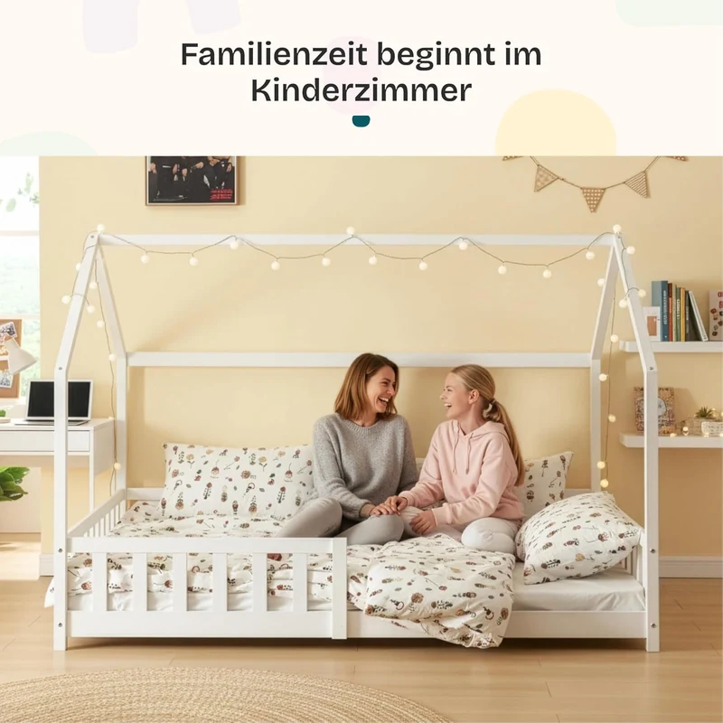 [en.casa] Montessori Kinderbett Hausbett aus Holz mit Rausfallschutz & Lattenrost – Bodenbett für Kinderh
