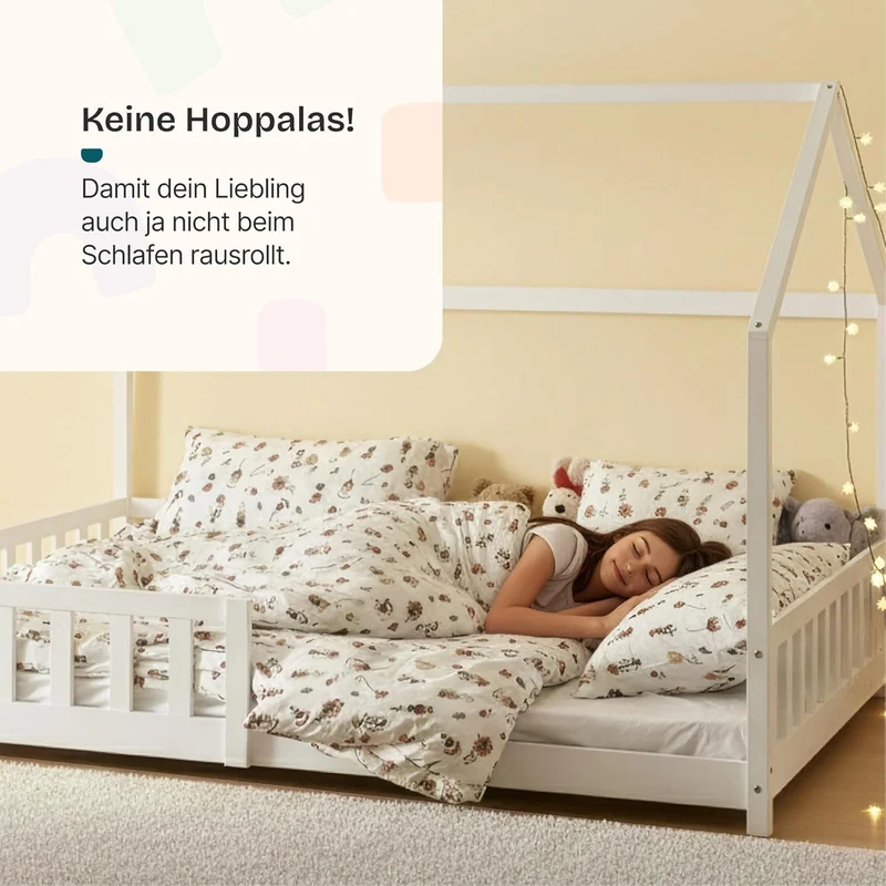[en.casa] Montessori Kinderbett Hausbett aus Holz mit Rausfallschutz & Lattenrost – Bodenbett für Kinderh