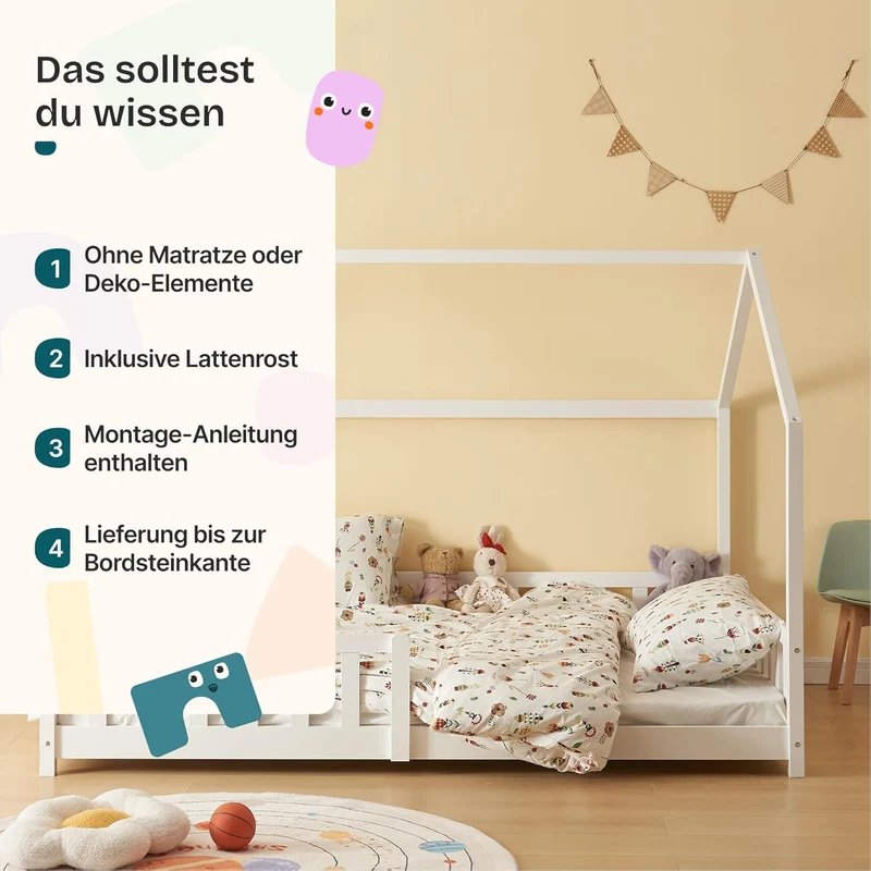 [en.casa] Montessori Kinderbett Hausbett aus Holz mit Rausfallschutz & Lattenrost – Bodenbett für Kinderh