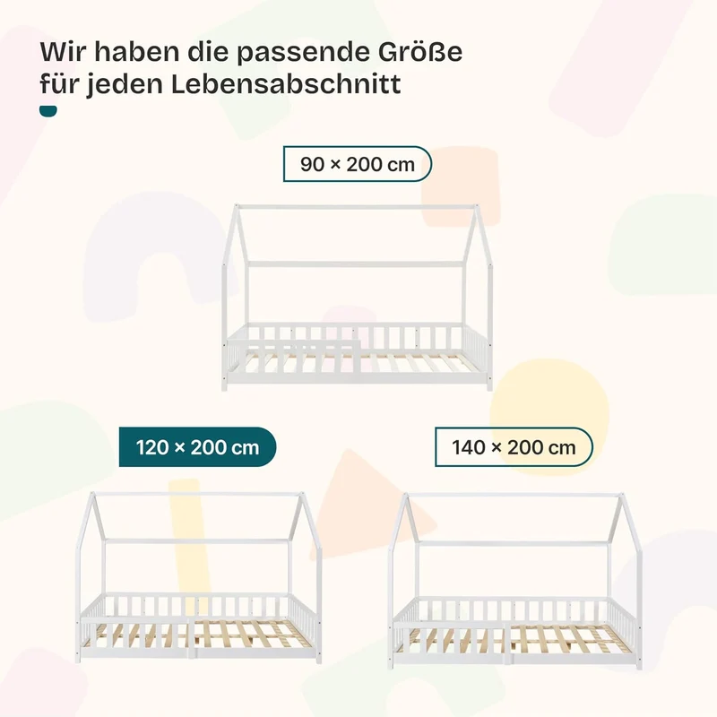 [en.casa] Montessori Kinderbett Hausbett aus Holz mit Rausfallschutz & Lattenrost – Bodenbett für Kinderh