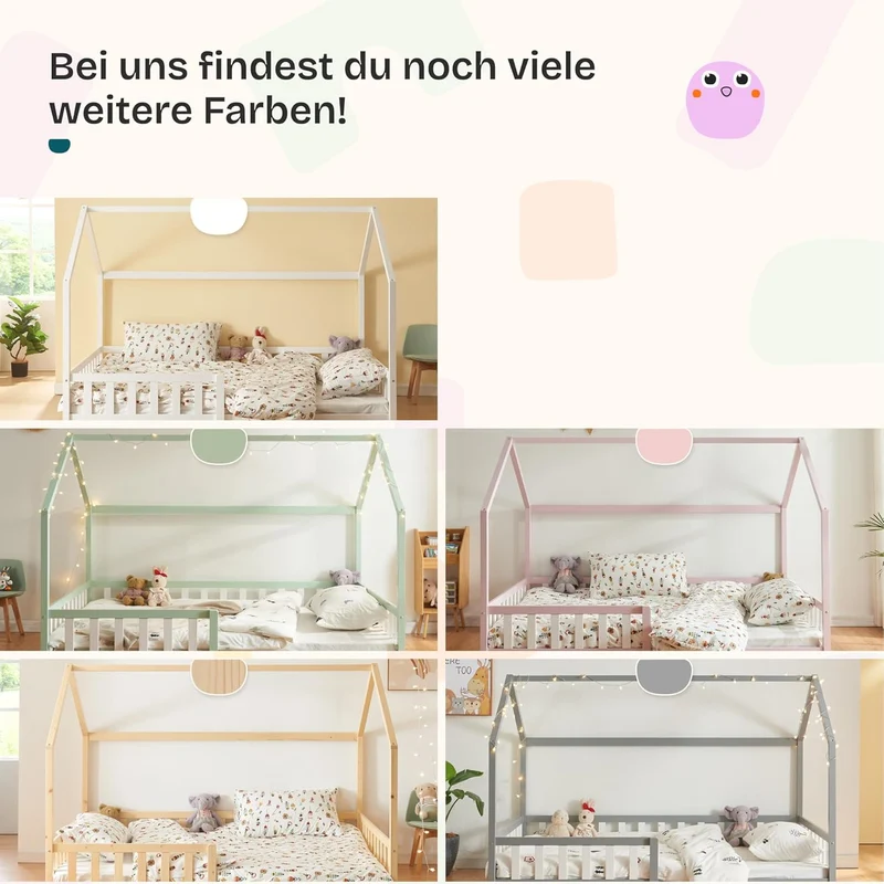[en.casa] Montessori Kinderbett Hausbett aus Holz mit Rausfallschutz & Lattenrost – Bodenbett für Kinderh
