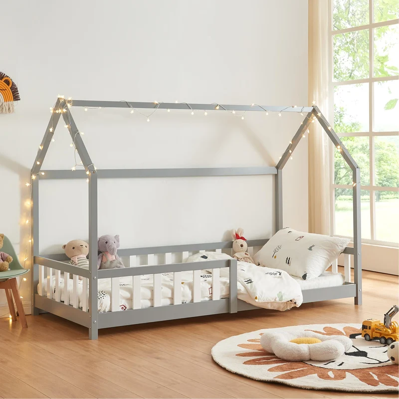 [en.casa] Montessori Kinderbett Hausbett aus Holz mit Rausfallschutz & Lattenrost – Bodenbett für Kinderh